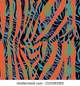 exotic animal print colorful stripe zebra leopard spots mix waves seamless pattern for fabric, paper, wallpaper, cover, packaging, interior decor, home textile, fashion wear, web.