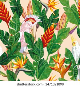 Exotic Bird Ara Parrot Tropical Flowers Bird Of Paradise Strelitzia Banana Leaves Seamless Beige Background. Trendy Pattern Illustration