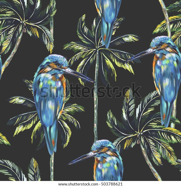 Exotic birds, palm trees, blue bird seamless\
floral tropical pattern\
background
