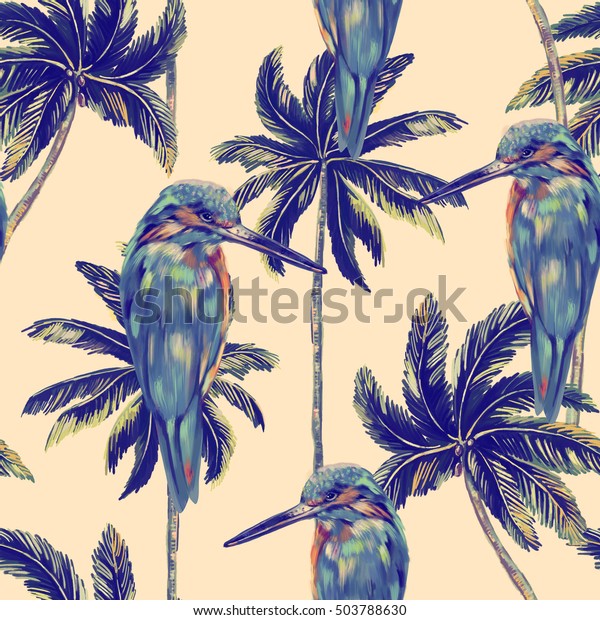 Exotic birds, palm trees, kingfisher bird\
seamless floral tropical pattern\
background