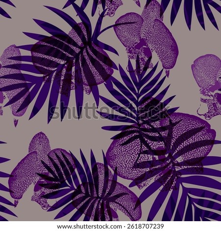 Exotic calm tones seamless pattern with violet flowers and palms tropical leaves.. Floral illustration for bedding, home textile, wallpaper, decor, package. Rapport illustration.