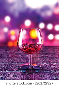 Exotic Cocktail Glass And Ice On A Blurry And Colorful Bokeh Background. Cocktails And Mixology. 3d Illustration
