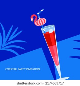 Exotic cocktail on bright blue and palm leaves background banner template for design menu or cocktail party invitation. Flat Art  Illustration - Powered by Shutterstock