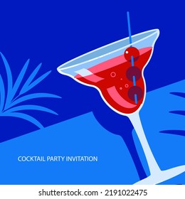 Exotic cocktail on bright blue and palm leaves background banner template for design menu or cocktail party invitation. Flat Art  Illustration - Powered by Shutterstock