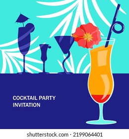 Exotic cocktail on bright blue and palm leaves background banner template for design menu or cocktail party invitation. Flat Art  Illustration - Powered by Shutterstock