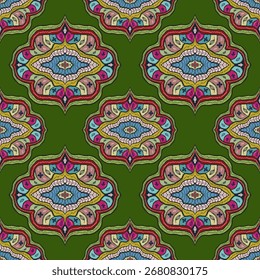Exotic eastern ornamental seamless pattern design with vibrant colours and intricate detail, hand drawn in pencils. Suitable for fabrics and statement wallpaper