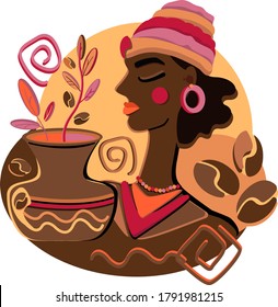 Exotic Girl With Dark Hair In Turban Smelling Coffee Beans Africa Tribal Illustration For Cafe Poster Decoration Flat Cartoon Style