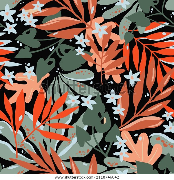 Exotic jungle Floral seamless pattern with bright summer flowers and leaves Tropical vibe Black background Limited color palette Minimalism Boho Mural Design Trend