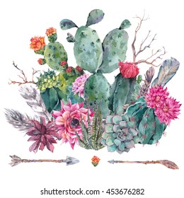 Exotic natural vintage watercolor bouquet in boho style. Cactus, succulent, flowers, twigs, feathers and  arrows. Botanical isolated nature cactus Illustration on white 