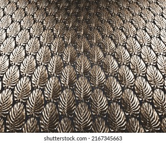 An Exotic Offset Pattern Created By Gold Delicious Monster Monstera Leaves On A Dark Background - 3D Render