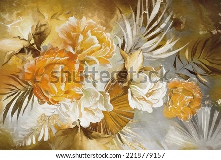 exotic Oil painting with flower rose, gold leaves. Botanic print background on canvas -  tropical art In Interior, 