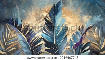 exotic Oil painting with navy blue, gold leaves. Botanic print background on canvas -  tropical art In Interior 