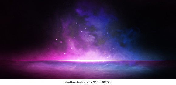 Exotic Particle Effects With Smoke And Spotlight In Asphalt Street Captivating Lighting with Midnight Blue Colors Spotlight Background Lighting Concept For Ads,Header And Banner