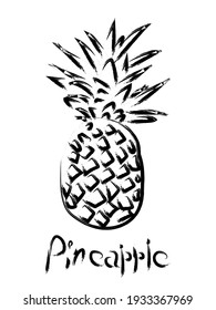 The exotic pineapple fruit is painted with a brush. For printing on poster, clothes, decorative pillows, tea towels, napkins, notebooks. 