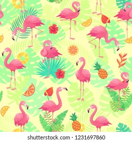 Exotic pink flamingos, tropical plants and jungle flowers monstera palm leaves. Tropic cute rosy flamingo with fruits for birthday card or nursery wallpaper cartoon seamless  background pattern - Powered by Shutterstock