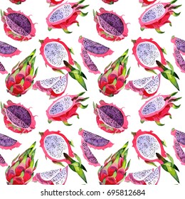 Exotic pitaya healthy food pattern in a watercolor style. Full name of the fruit: pitaya. Aquarelle wild frukt for background, texture, wrapper pattern or menu.