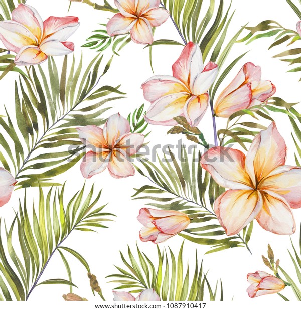シームレスな熱帯の模様のエキゾチックなプルメリアの花と緑のヤシの葉 白い背景 パステルシェード 水彩画 手描きの花柄のイラスト 布地 壁紙デザイン のイラスト素材