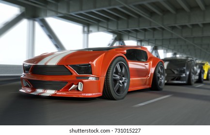 Exotic race car high speed showdown over a city bridge.Generic vehicles. 3d rendering.