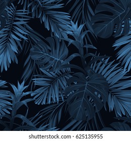 Exotic tropical background with hawaiian plants and flowers. Seamless indigo tropical pattern with monstera and sabal palm leaves, guzmania flowers. illustration.