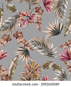 Exotic tropical leaves colorful seamless pattern illustration. Fabric motif texture repeated. Palm leafs, botanic nature jungle plants on grey background.