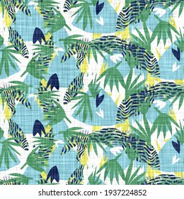 Exotic tropical paradise seamless pattern. Colorful creative jungle palm leaf foliage texture. Summer repeat background. Island beach fashion. Bright coastal boho vacation printed cotton textiles. 
