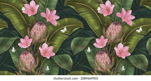 Exotic tropical pattren  Tropical flowers   leaves background  Protea  lilies  butterflies  palm leaves  Hand drawing 3d illustration  Dark tropical leaves wallpaper 
