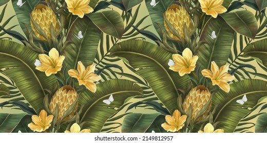 Exotic tropical pattren  Tropical gold flowers   leaves background  Protea  lilies  butterflies  palm leaves  Hand drawing 3d illustration  Dark tropical leaves wallpaper 