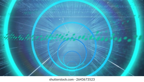 Expanding concentric circles on UI with green data stream, radial light beams, scrolling code. Futuristic, technology, digital, abstract, motion, data, visualization