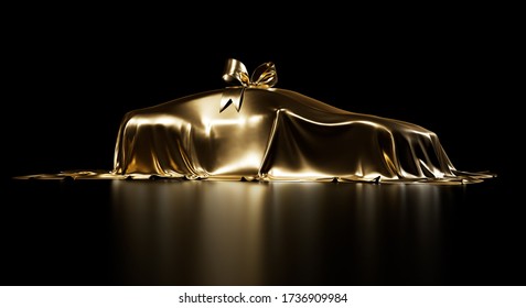 Expensive Car Gift Covered By Gold Shiny Fabric With Bow-knot Isolated On A Black Studio Background. Luxury Surprise Item. 3D Photorealistic Illustration