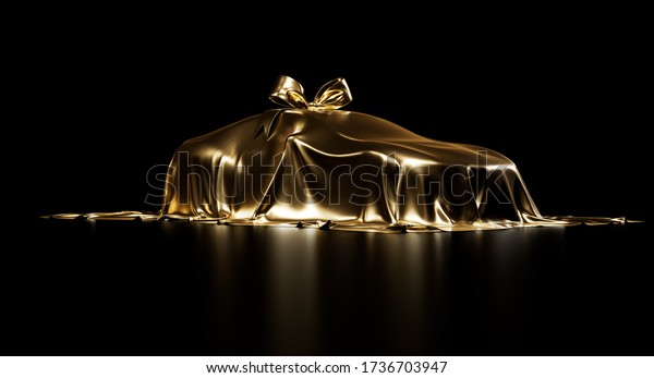 Expensive car gift covered by gold shiny\
fabric with bow-knot isolated on a black studio background. Luxury\
surprise item. 3D photorealistic\
illustration