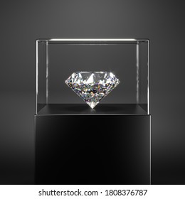 An Expensive Diamond On A Stand Under A Glass Dome. Shows Perfect Cut And Light Refraction. Jewelry Showcase. 3d Rendering.