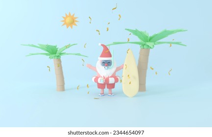 Experience a delightful 3D rendering Santa Claus in a diving suit, capturing the pastel magic of holiday surf travel with a view of coconut trees, sunlight, and beach. Embrace the joy of summer - Powered by Shutterstock