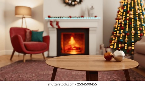 Experience a delightful and warm holiday vibe with a beautifully decorated Christmas tree next to a glowing fireplace. 3D Illustration - Powered by Shutterstock