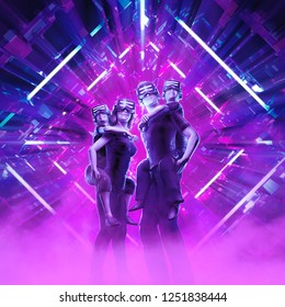 Experiencing virtual reality together with family / 3D illustration computer generated family of mother, father and children wearing vr glasses in glowing science fiction environment - Powered by Shutterstock - Get 15% off with code: PIKWIZARD15