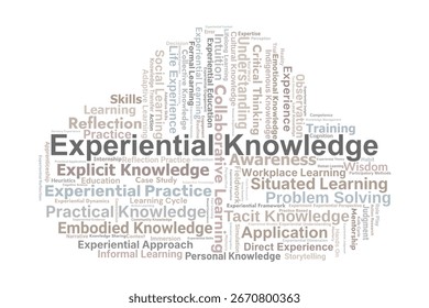 Experiential Knowledge Word Cloud. Composition Of Terms Related To Learning, Practice, Skills, Reflection, Intuition, And Real World Application Of Human Knowledge And Experience.