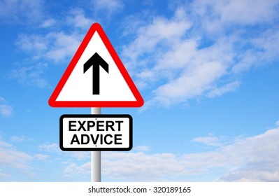 Expert advice arrow sign post against blue sky 