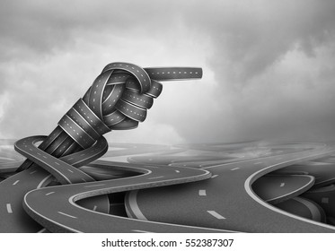 Expert Advice Concept And Experienced Wisdom Symbol As A Group Of Tangled Road Pathways With A Pointing Direction Hand Gesture As A Business Success Metaphor For Finding The Way Forward.