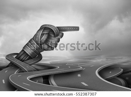 Expert advice concept and experienced wisdom symbol as a group of tangled road pathways with a pointing direction hand gesture as a business success metaphor for finding the way forward.