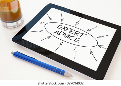 Expert Advice - text concept on a mobile tablet computer on a desk - 3d render illustration.
