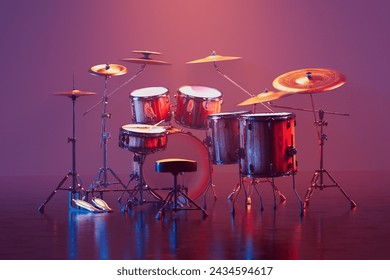 An expertly arranged drum set under dynamic, multicolored stage lighting, showcasing a slick, reflective finish perfect for high-energy musical performances. - Powered by Shutterstock