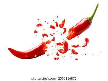 Explode and splatter fragments of red chili pepper white base material