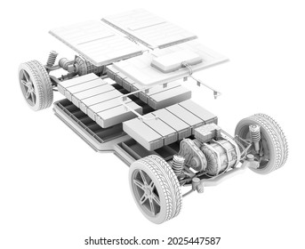 Explode view of electric vehicle chassis equipped with battery pack . 3D clay rendering image.