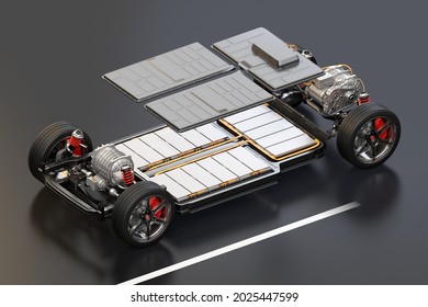 Explode view of electric vehicle chassis equipped with battery pack on the road. 3D rendering image.