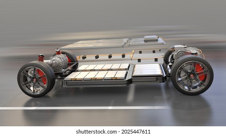 Explode View Of Electric Vehicle Chassis Equipped With Battery Pack Driving On The Road. 3D Rendering Image.