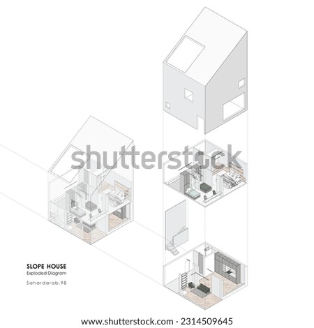exploded diagram of interior - sample of 3D section design - work with illustrator and photoshop  