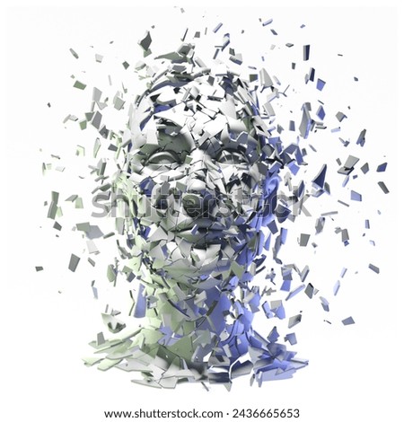 Exploded Human Head Isolated on Pink 3D illustration. Mental Health, Disorder, Depression, Anxiety, Stress, Mental State, Frustration.