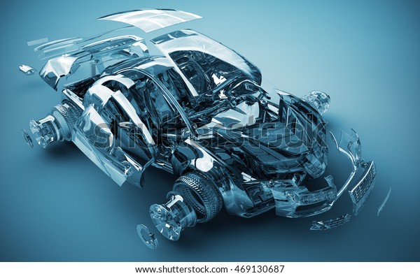 exploded transparent\
car, 3D\
illustration