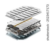 Exploded view of 3d rendering electric vehicle battery cells module isolated on white