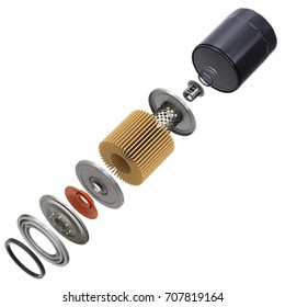 Exploded view of car oil filter isolated on white background - 3D illustration