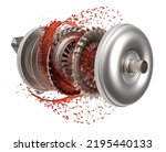 Exploded view of car torque converter. Torque converter with transmission oil. Car torque converter. Transmission oil is red. 3d rendering